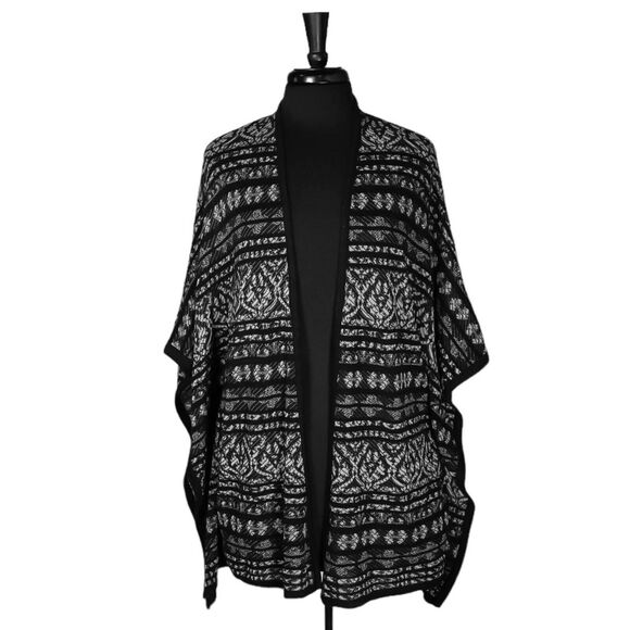 Chico's Women's Kimono Black Gray Geometric Open Front Cardigan Jacket 2 US L/12 - Picture 1 of 8